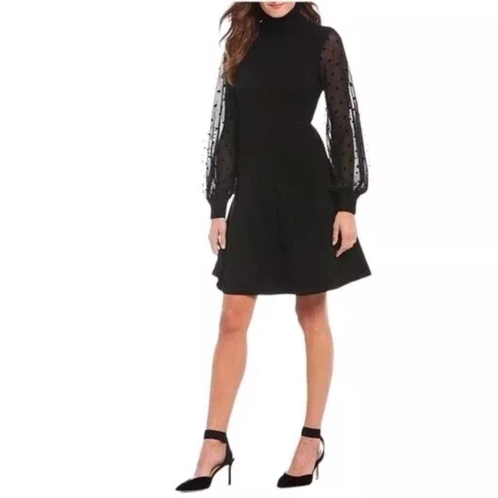Eliza J Black Knit Long Sheer PolkaDot Sleeve Mockneck Fit & Flare Dress Large